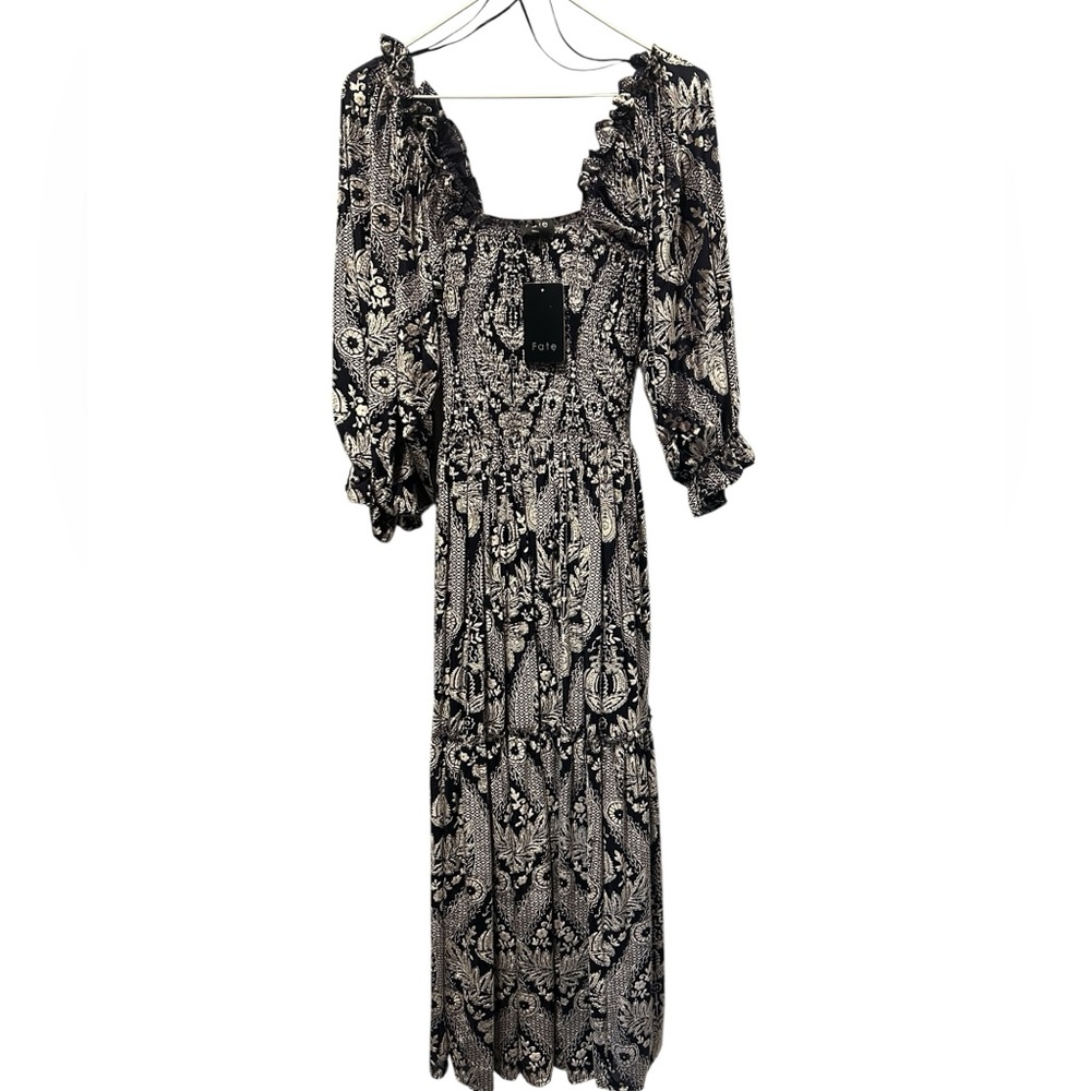 Fate Blue Silver Peasant Smocked Lined Maxi Dress NWT Size Small
